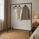Normadia 138 cm Siyah Metal Elbise Askılığı, Eşek Askılığı, Ayaklı Konfeksiyon - Seçenek 1 - Ahşap