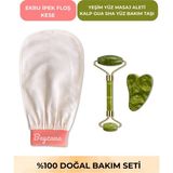 Normadia 3’lü Ekru Ipek Kese, Yeşim Yüz Masaj Aleti ve Gua Taşı Seti - Ahşap