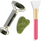 Normadia 3'lü Yüz Bakım Seti, Yeşim Taşı, Kalp Gua Sha ve Silikon Maske Spatulası - Ahşap