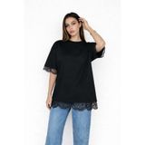 Normal People KIVA- Kadın Dantel Detaylı Oversize Bisiklet Yaka Siyah T-Shirt