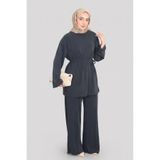 Norshen Siyah Kadın Belden Bağlama Detaylı Tunik & Bol Paça Pantolon - Takım