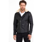 North Fashion NorthFashion Erkek Siyah Iç Cepli Kuzey Yaka Kürklü Slim Fit Deri Ceket Mont - 5-Siyah