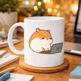 Northcity Laptoplu Hamster Desenli Porselen Kupa Model 112 – Sevimli Çalışkan Hamster Tasarımına Sahap Ofis & Ev Hediyesi - Beyaz