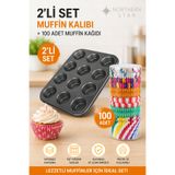 Northern Star 2’li Muffin Seti – 12 Gözlü Muffin Kalıbı + 100 Adet Puantiyeli Muffin Kağıdı