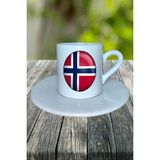 Norveç Ülke Bayrağı Bayrak Baskılı Türk Kahvesi Fincanı Tabaklı Kişiye Özel Model 3