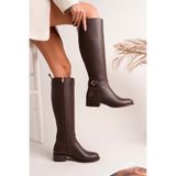 NOSEY SHOES ALBA MODEL HAKİKİ DERİ KAHVERENGİ CİLT YANDAN FERMUARLI KALIN TOPUK TOKALI GÜNLÜK KADIN ÇİZME