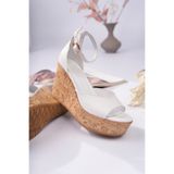 NOSEY SHOES FİONA MODEL HAKİKİ DERİ BEYAZ BURUN AÇIK ARKA KAPALI BİLEKTEN TOKALI PLATFORM DOLGU TOPUKLU SANDALET