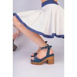 NOSEY SHOES GRACE MODEL HAKİKİ DERİ KOT MAVİ ÇAKMA TROP DETAYLI BİLEKTEN DOLAMA PLATFORM KALIN TOPUKLU SANDALET