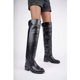 NOSEY SHOES ICONA MODEL HAKİKİ DERİ SİYAH UZUN DİZÜSTÜ KIVIRMALI YANDAN FERMUARLI GÜNLÜK KADIN ÇİZME