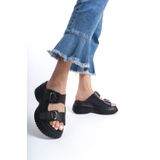 NOSEY SHOES Pera Model Hakiki Deri Siyah Tokalı Kalın Tabanlı Günlük Kadın Terlik