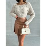 Nosia Fashion Kadın Düğme Detaylı Kayık Yaka Bej Triko Kazak - XL