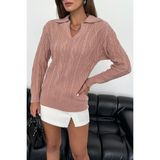 Nosia Fashion Polo Yaka Saç Örgü Detaylı Pudra Renk Triko Kazak - Pudra - Pudra - M