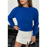 Nosia Fashion Saç Örgü Desenli Saks Mavi Triko Kazak