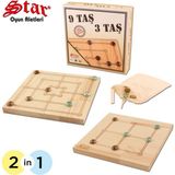 Nostaljik Ahşap 9 Taş 3 Taş Oyunu, Eğlenceli ve Öğretici Set - Seçenek 1 - Ahşap Bej - Siyah