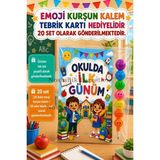Nostaljik Lezzetler 20 Adet Okulda Ilk Günüm Yazılı Hediye Seti 1. Sınıf- Sene Başı Emoji Kurşun Kalem Tebrik Kartı Hediyeli - Çok Renkli