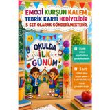 Nostaljik Lezzetler 5 Adet Okulda İlk Günüm Yazılı Hediye Seti 1. Sınıf- Sene Başı Emoji Kurşun Kalem Tebrik Kartı Hediyeli
