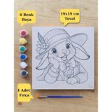 Nostaljik Lezzetler Çocuklara Özel Şapkalı Tavşan Baskılı Tuval Boyama Aktivite Seti 19X19 cm (Tuval, Fırça ve 6 Renk Akrilik Boya Seti) - 0
