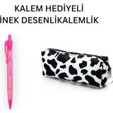 Nostaljik Lezzetler İnek Desen Kalemlik - Okul Kalemliği-Makyaj Çantası ve Hediye Pembe Uçlu Kalem