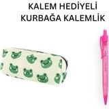 Nostaljik Lezzetler Yeşil Kurbağa Tatlı Kalemlik - Okul Kalemliği-Makyaj Çantası ve Hediye Pembe Uçlu Kalem