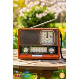 Nostaljik Radyo Bluetooth Hoparlör LED Işıklı Saatli Sd Kart USB Aux Girişli Şarjlı Speaker - Ahşap