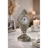 Nostaljik Vintage Taş İşlemeli Kabartmalı Lüks Gümüş Renk Dekoratif Salon Ve Ofis Masa Saati 29 Cm Vitrin