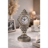 Nostaljik Vintage Taş İşlemeli Kabartmalı Lüks Gümüş Renk Dekoratif Salon ve Ofis Masa Saati 29 cm