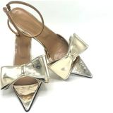 Nostra Shoes Bien Fiyonklu Bilekten Bağlama Taşlı Rugan Topuklu Ayakkabı - Gold