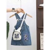 Nota Kids Baskılı Mavi-Mor Denim Kız Çocuk Jile Elbise ve Çanta Takımı - 6 Yaş - Mavi - Mor