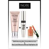 Note Yaz Işıltısı 3'lü Makyaj Seti - 3 In 1 Glowing Skin / Drop Highlighter 03 / Real Look Maskara