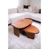 NotMono 2'li Oval Orta Sehpa Takımı | Masif Ahşap Ceviz Tonu Organik Form Dekoratif Modern Sehpa 90x62cm - 72x50cm