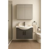 Nova 80 Cm %100 Mdf Antrasit Renkli, Oval Seramik Lavabolu, Alt- Üst Dolap Banyo Dolabı Takımı