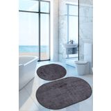 Nova Antrasit Oval 60X100 + 50X60 Cm 2Li Banyo Paspasi Seti Kaymaz Tabanli Klozet Takimi
