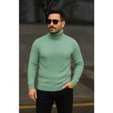 Nova Epoxy Art Erkek Balıkcı Yaka Bağazlı Triko Kazak Pamuklu Kalın Fitilli Dokuma, Regular Fit Uzun Kollu Kışlık Model - Mint Yeşili - S