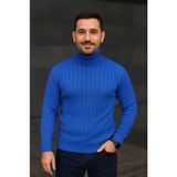 Nova Epoxy Art Erkek Balıkcı Yaka Bağazlı Triko Kazak Pamuklu Kalın Fitilli Dokuma, Regular Fit Uzun Kollu Kışlık Model - Saks Mavisi