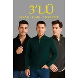 Nova Epoxy Art Erkek Fitilli Triko Kazak 3 Lü Set - Haki, Siyah, Antrasit Kalın Dokuma Pamuklu Regular Fit V Yaka Fermuarlı Uzun Kollu Rahat Kışlık Kazak Kombini - Çok Renkli - 2XL