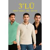 Nova Epoxy Art Erkek Fitilli Triko Kazak 3 Lü Set - Mint Yeşili, Siyah, Bej Kalın Dokuma Pamuklu Regular Fit V Yaka Fermuarlı Uzun Kollu Rahat Kışlık Kazak Kombini - Çok Renkli - XL