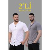 Nova Epoxy Art Erkek Waffle Dokuma Açık Yakalı Düğmeli Regular Kalıp 2 Li Gömlek Seti - Beyaz - Gri - XS - Çok Renkli
