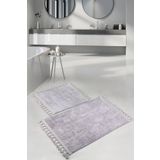 Nova Gri 60X100 + 50X60 Cm 2Li Koseli Ponpon Sacakli Banyo Halisi Kaymaz Yikanabilir Paspas Seti