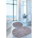 Nova Gri Oval 60X100 + 50X60 Cm 2Li Banyo Paspasi Seti Kaymaz Tabanli Yikanabilir Klozet Takimi