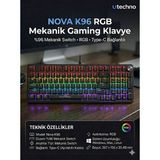 Nova K96 Rgb Mekanik Gaming Klavye %96 Kompakt 77 Tuş Numpadli Type-C Kablolu LED Aydınlatmalı Pc Laptop Uyumlu Oyuncu Klavye Utechno - Siyah
