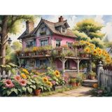 Nova Puzzle 1000 Parça Ayçiçekli Pembe Ahşap Ev Puzzle - Pembe Köy Evi
