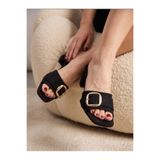 NOVELLAM SHOES Kadın İgor Siyah Süet Kemer Detaylı Kalın Topuklu Rahat Kalıp Terlik