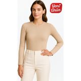 Novelle Bisiklet Yaka Uzun Kol Fitilli Bluz - Bej - 2XL