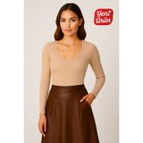 Novelle Havuz Yaka Uzun Kol Fitilli Bluz - Bej - 2XL