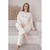 Noveya Kedi Figürlü Ekru Kışlık Peluş Pijama Takımı