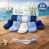 Novibaby 5'li Bambu Yenidoğan Bebek Çorap I Mix Blue I Kız Erkek Bebek Çorabı - Lacivert - Mavi - Beyaz - 6 - 12 Ay