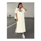 NoVibe Kadın Büyük Beden Charming Soul Baskılı V Yaka T-shirt Elbise/tunik