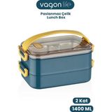 Novélune Yemek Kabı: 1400 ml Bento Lunch Box Ofis-Okul Için 2 Kat Taşıma Kulplu Çelik