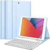 NovStrap iPad 7. 8. 9. Nesil 10.2 inç Uyumlu Bluetooth Klavyeli Tablet Kılıfı Standlı Kalem Hazneli - Mavi