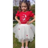 Novy Baby 23 Nisan Atatürk Baskılı Omuzu Kolu Fırfırlı Tişört Kız Çocuk - 2-9 Yaş - Kırmızı Gri Simli - 2088 - Kırmızı - Gri Melanj - 5 Yaş
